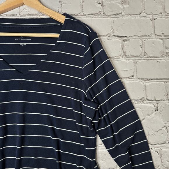 J Jill Pima 3/4 Sleeve V-Neck Navy Blue White Classic Stripe Pima Cotton Top Med - Picture 4 of 11